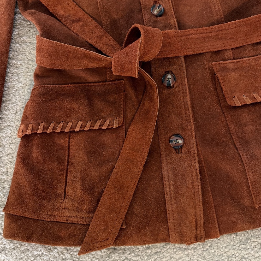 Vintage Suede Jacket 70s 80's Small Boho Western Whipstitch Cognac Leather Coat - Picture 5 of 16